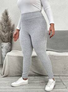 SHEIN VCAY 秋季大码弹力纯色紧身打底裤 - 灰色 - 查看 3