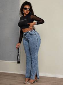SHEIN SXY Vaqueros azules de cintura alta y elástica para mujer talla grande con dobladillo dividido, pantalones largos versátiles