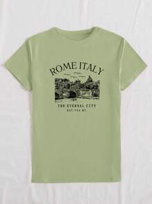 INAWLY 女士休闲圆领短袖 T 恤，带有意大利城市风光印花图案 T 恤女士上衣 - 軍綠色 - 查看 4