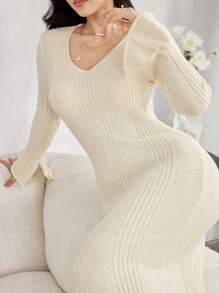 Modelyn Women Casual Minimalistic V-Neck Bell Sleeve Fish Tail Hem Ribbed Knit Sweater Dress