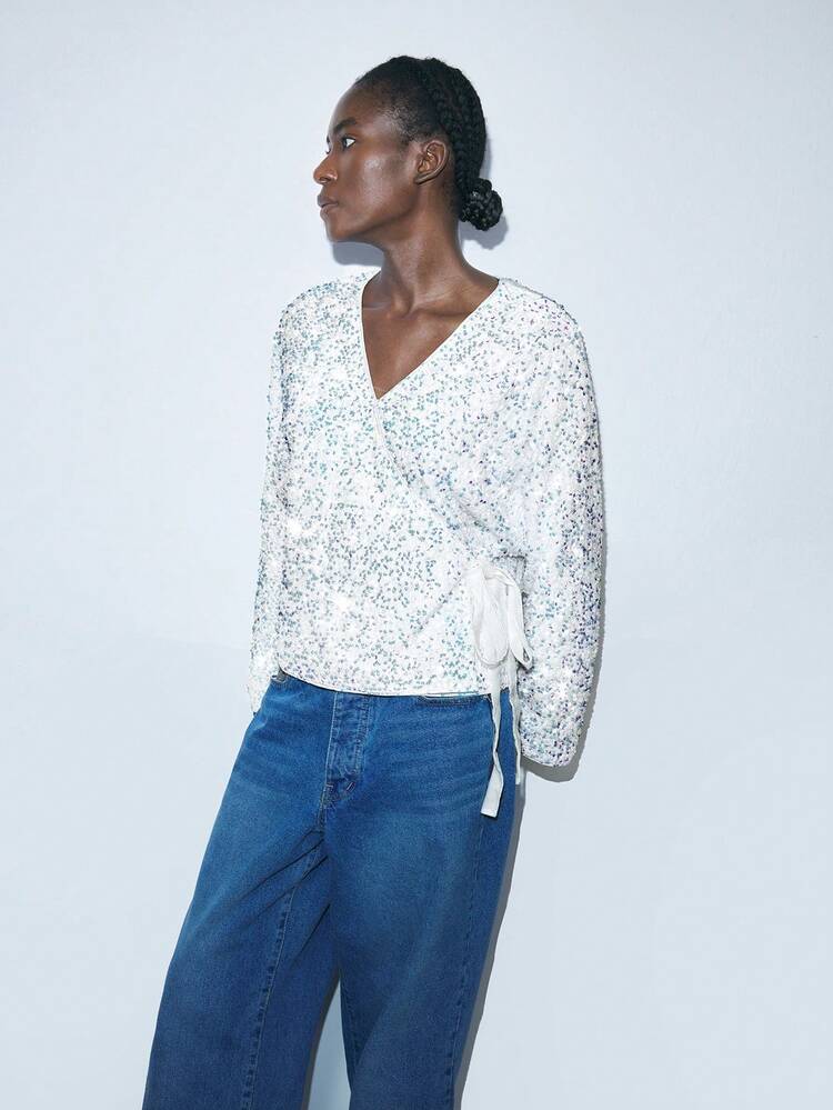 SHEIN Maija Women's Sparkling Wrapped Tied Long Sleeve Lovely Loose Cardigan, Party/Holiday Wear, Autumn/Winter