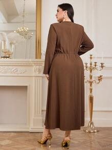 Modelyn 大码纯色 3D 花卉装饰长袖简约休闲连衣裙长款晚礼服 - 咖啡棕 - 查看 2