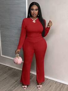 Slaydiva Übergröße Herbst/Winter Lotuswurzelrosa Lässiges, tailliertes, einfarbiges Set mit kurzem, langärmligem Oberteil und hoher Taille und langen Hosen