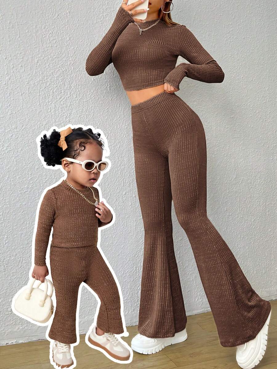 SHEIN Baby Girl Cute Brown Long Sleeve Top And Elastic Waist Flared Pants Set, Mommy And Me Matching Outfits (2 Sets Sold Separately) - Brown - View 1