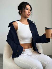 Chiquease 女士休闲宽松直筒短款飞行员夹克 - 藏蓝色 - 查看 6