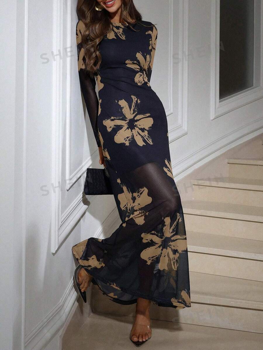Aveloria Modichic Vestido ajustado con panel de malla de estampado floral de pinceladas, vestidos elegantes para mujer