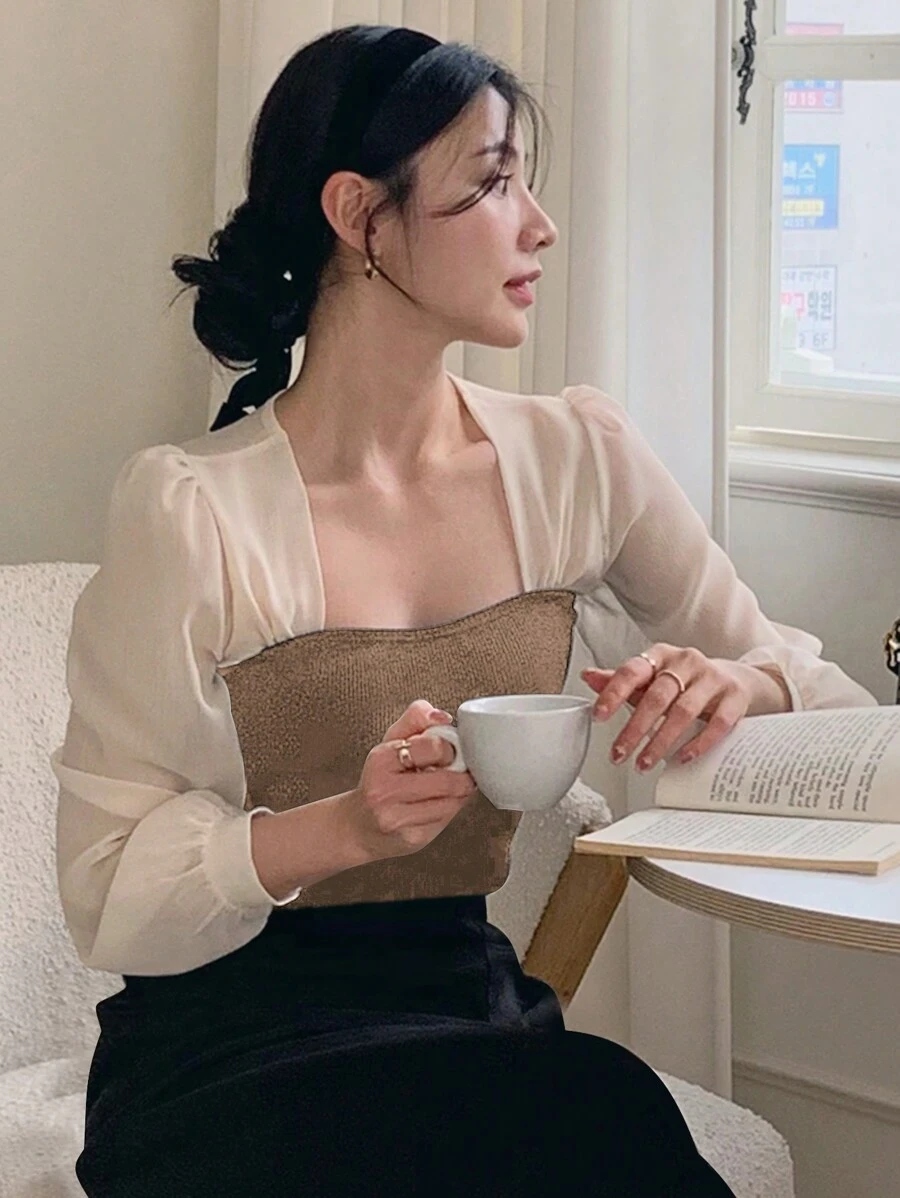 DAZY Damen Kaffee- und Brauntöne Farbblock Bluse mit langen Laternenärmeln, Frühling/Sommer/Herbst Langarm-Oberteil - Kaffeebraun - Übersicht 1