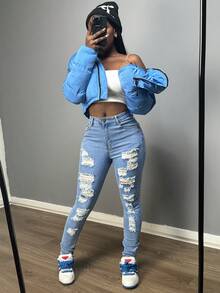 Women Streetwear Light Blue Distressed Ripped Skinny Jeans - Light Wash - View 7