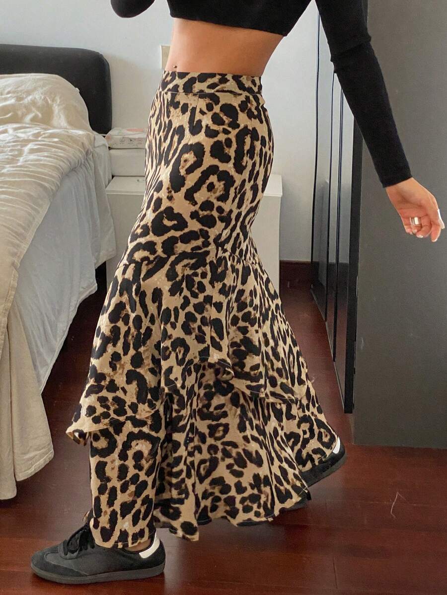 DAZY 女士豹纹A字裙，高腰，宽松，修身，优雅长裙，荷叶边