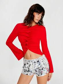 SHEIN EZwear 女式休闲纽扣前褶皱喇叭袖 T 恤，秋季 - 紅色 - 查看 1