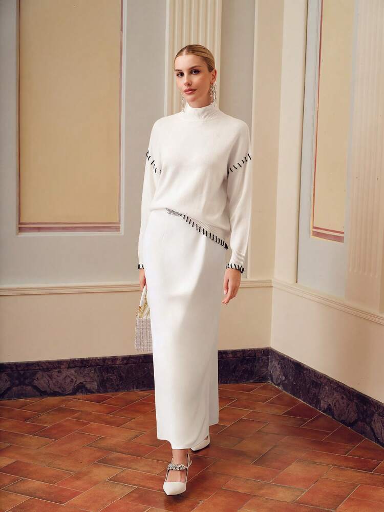 ZEYLAH CONTRAST STITCH MOCK NECK DROP SHOULDER OVERSIZE SWEATER