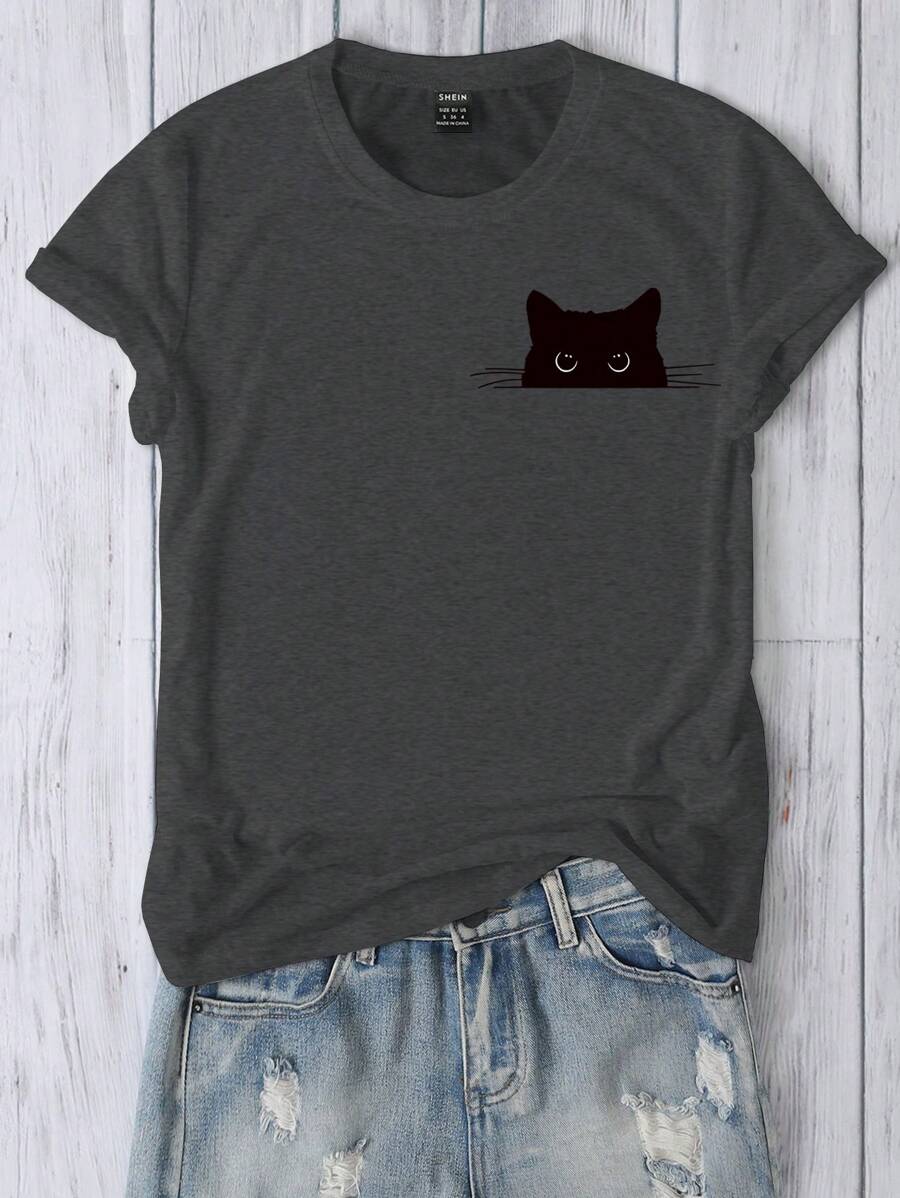 INAWLY Cute Animal Cartoon Cat Print Round Neck Short Sleeve Casual T-Shirt, Summer Graphic Tees Women Tops - Dark Grey - View 1