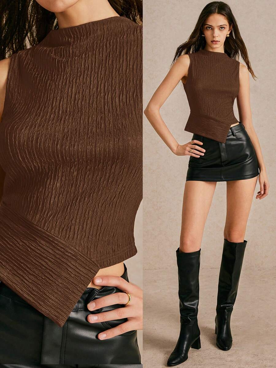 Poéselle 女士纹理高领不对称下摆修身背心、上衣、不对称针织纹理上衣、短上衣、商务休闲女装、万圣节服装、秋季女装 - 棕色 - 查看 1
