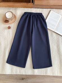 Blossori Young Girls French Elegant Navy Blue Flounce Pocket Loose Knit Sweatshirt & Pants Set, Autumn/Winter - Navy Blue - View 2