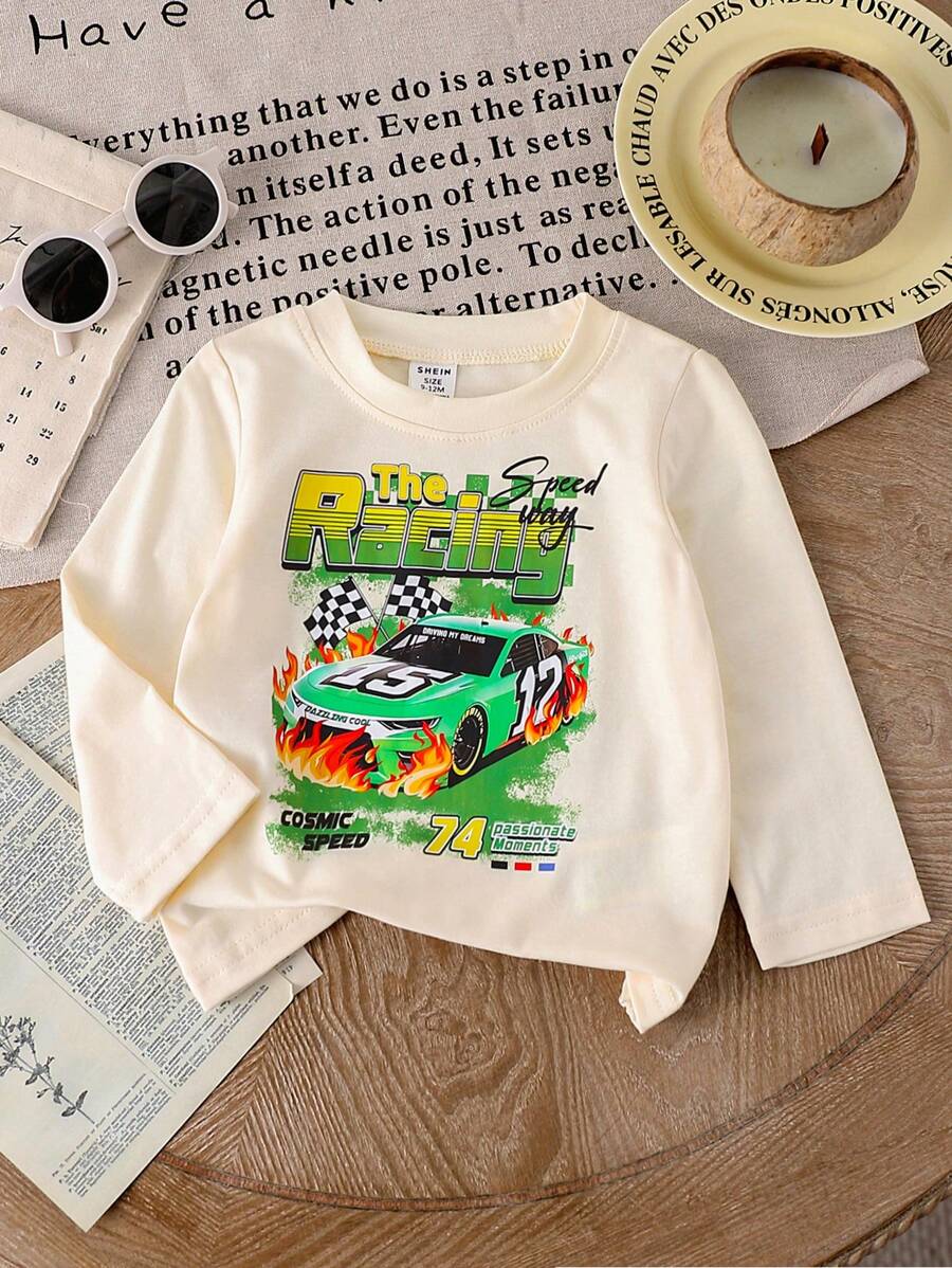 Áo thun tay dài cổ tròn in họa tiết đua xe và khẩu hiệu thời trang dạo phố cho bé trai mùa thu - Màu be - Xem 1