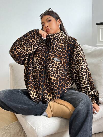 Solflare Chaqueta de piel de leopardo con forro de peluche y dobladillo ajustable con cordón, ropa de invierno cálida y térmica de talla grande