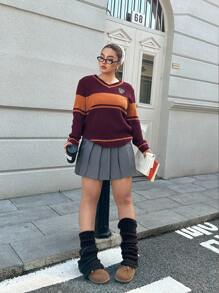 Flirla Áo len dài tay cổ chữ V phối màu tương phản kiểu dáng cổ điển dành cho nữ, thích hợp mặc mùa thu/đông. - Nhiều màu - Xem 3