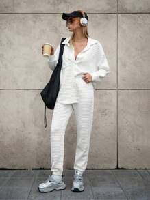 Hanevo 3 Stücke/Set für Damen, lockere, lässige Jacke mit Drop Shoulder, Unterhemd und gepolsterte karierte Hose, Flughafen-Outfit - Weiss - Übersicht 3