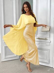 SHEIN Belle 女士亮片披肩优雅正式礼服晚礼服、半正式舞会礼服、生日、婚礼宾客、毕业返校节节日派对服装 - 金色 - 查看 3