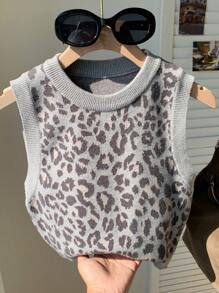 SHEIN EZwear Gilet en tricot imprimé léopard grande taille pour femmes, décontracté pour l'automne/hiver - Gris - Voir 1