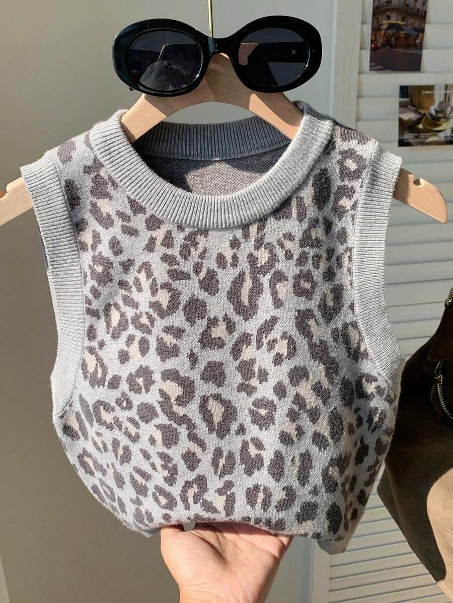 SHEIN EZwear Gilet en tricot imprimé léopard grande taille pour femmes, décontracté pour l'automne/hiver - Gris - Voir 1