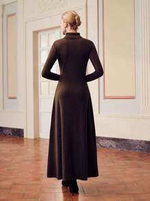 ZEYLAH SOLID TURTLENECK FLARE HEM SWEATER DRESS WITHOUT BELT - Coffee Brown - View 3