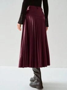 Enchnt Elegant Burgundy PU Pleated Skirt,Autumn Winter Women's Clothing, Frenchy Casual Workwear,Dining,Halloween & Christmas Party New Years Skirt - Burgundy - View 2