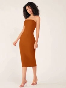 SHEIN BASICS Đầm dự tiệc tối giản dị không dây ôm vừa vặn dành cho nữ - màu nâu - Xem 4