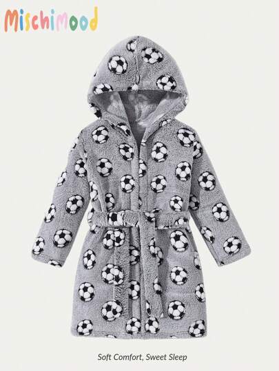 Boys' Grey Minimalist Football Allover Print Hooded Long Sleeve Robe, Suitable For Home, Party, Autumn/Winter