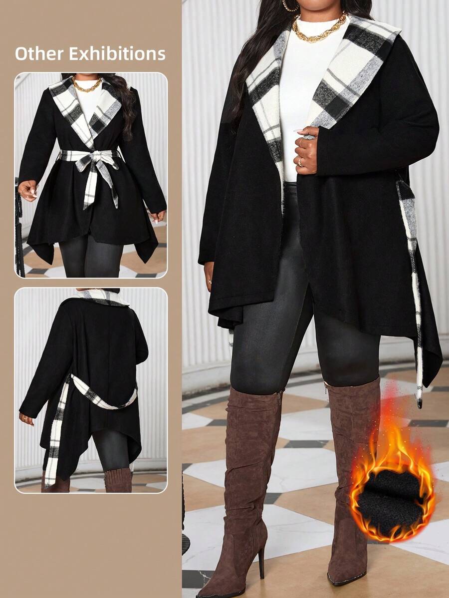 SHEIN Lady 秋冬休闲优雅黑色编织瀑布喇叭腰带中长袖休闲优雅职业装 - 黑色 - 查看 1