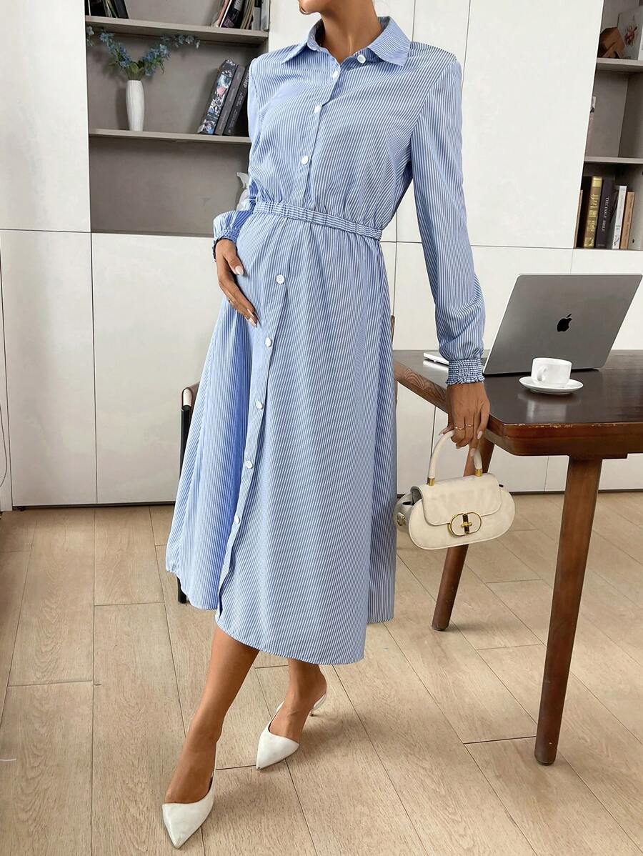 SHEIN 2 Pcs Women Blue Stripe Set Outfit, With A-Line Skirt, For Maternity