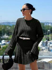 SHEIN Cottnline Pleated Skirt And Rib Pattern Sweater 2 Pcs Set - Black - View 4