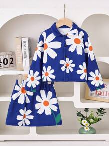 SHEIN 2 pièces/Set Jeune fille Veste bleue à imprimé floral et jupe blanche à fleur bleue, en velours côtelé, chaud et confortable, convient pour l'automne et l'hiver, de mode - Multicolore - Voir 1