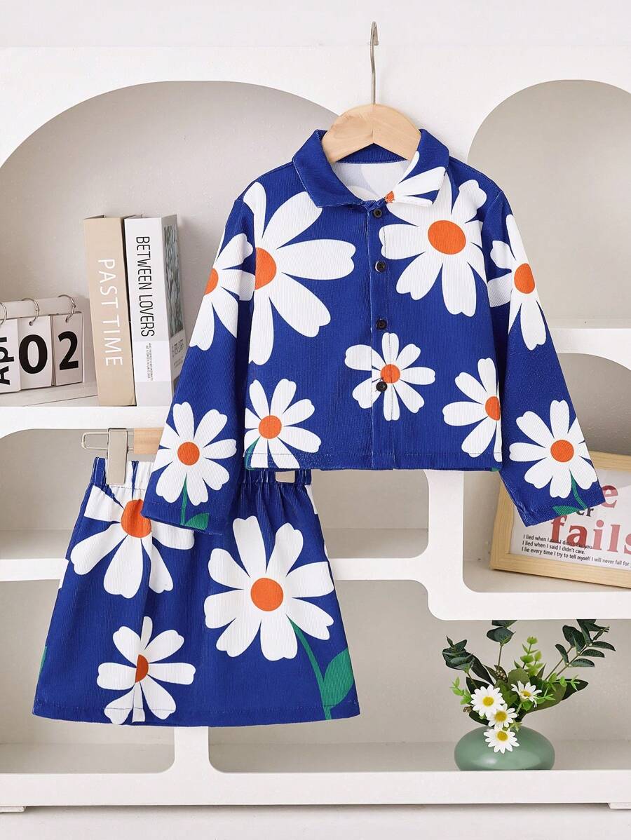 SHEIN 2 pièces/Set Jeune fille Veste bleue à imprimé floral et jupe blanche à fleur bleue, en velours côtelé, chaud et confortable, convient pour l'automne et l'hiver, de mode - Multicolore - Voir 1