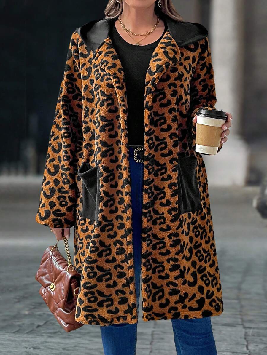 SHEIN LUNE Plus Size Leopard Print Hooded With Pockets Casual Long Sleeve Coat