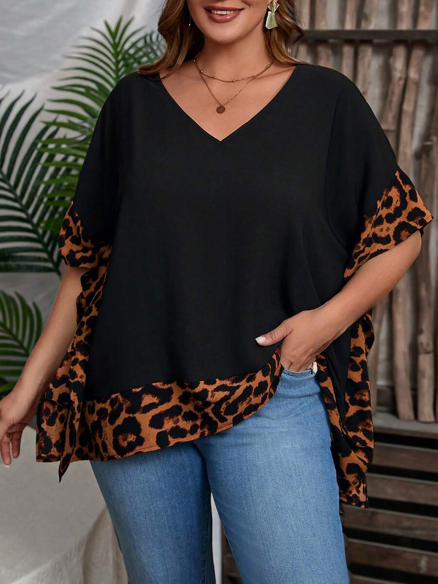 EMERY ROSE Plus Size Women Summer Cheetah Print V-Neck Patchwork Casual Blouse