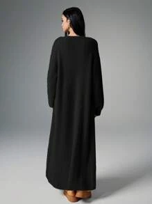 Poéselle Women's Solid Color Batwing Long Sleeve Loose Long Casual Cardigan, Autumn/Winter,Long Sleeve Tops - Black - View 3