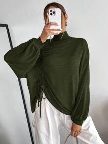 SHEIN Essnce Women's Solid Color Stand Collar Front Drawstring Drop Shoulder Casual T-Shirt, Autumn - Army Green - View 3