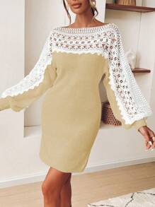 SHEIN Clasi Váy len dài tay màu tương phản thêu ren thanh lịch - Màu be - Xem 3