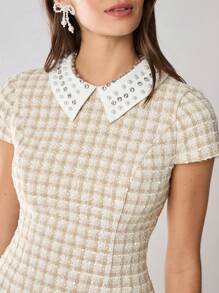 Enchnt 女士拼色领仿珍珠装饰格子泡泡袖优雅短款连衣裙 - 杏色 - 查看 7