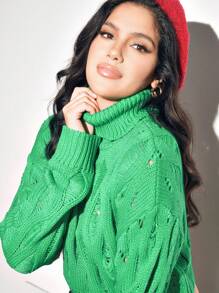 Zolique Women Solid Color Drop Shoulder Long Sleeve Casual High Neck Slouchy Sweater, Autumn/Winter Knit Pullover Fall Outfit