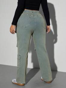 SHEIN ICON Quần Jeans Denim Nhiều Túi Phong Cách Cổ Điển Cho Nữ Cỡ Lớn - Rửa trung bình - Xem 2