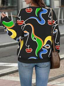 EMERY ROSE Casual Abstract Portrait Pattern Crew Neck Plus Size Women Sweatshirt, Autumn/Winter - Black - View 4