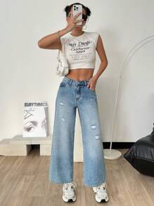 RueChic WOMEN RIPPED WIDE LEG MID WAIST Jean - Medium Wash - View 3