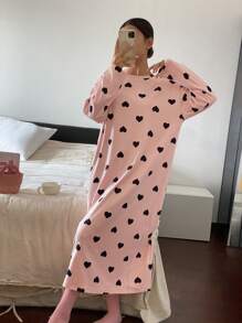 DAZY Plush Fleece Heart Pattern Allover Print Loose Sleep Dress, Autumn/Winter, For Fall Winter , Fluffy Cozy, Moo Moo Night Dress - Pink - View 3