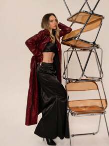 SHEIN X Belinda SHEIN Essnce Burgundy Snake Print Red All-Over Leather Suit Collar Long Sleeve Button Lapel Extra Long Waterproof And Windproof Jacket With Leather Belt Autumn And Winter