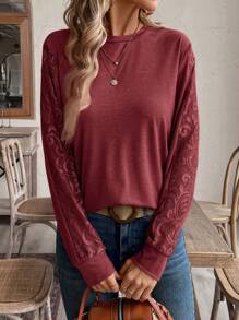 EMERY ROSE 女式纯色圆领长袖简约卫衣，休闲日常穿着，秋冬季长袖上衣 - 酒紅色 - 查看 6