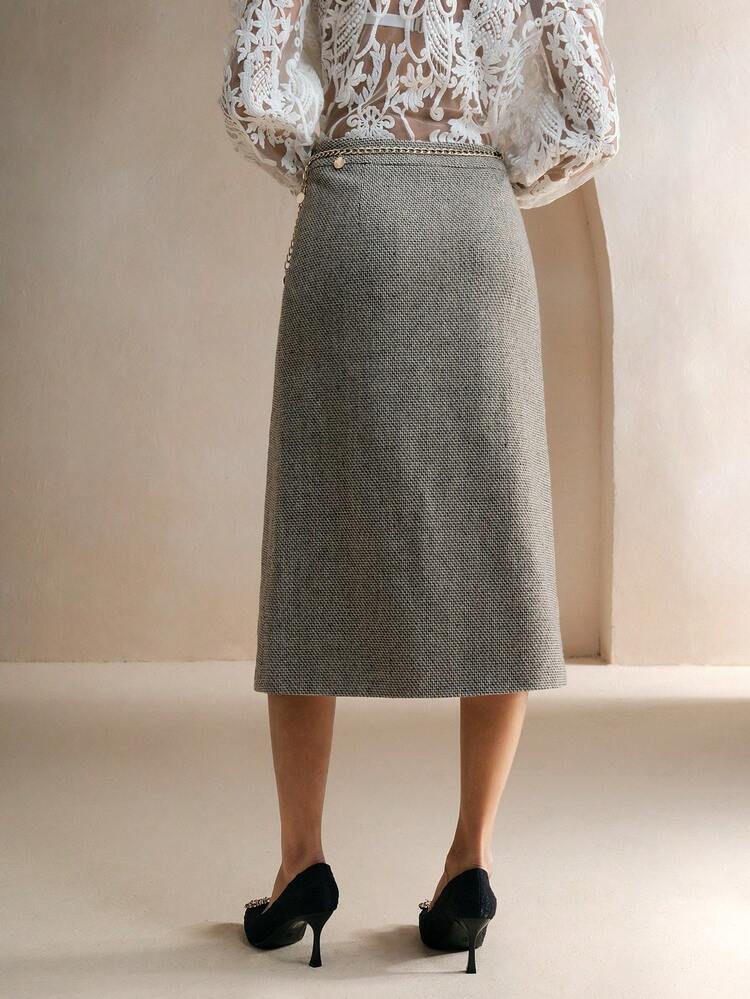 Women's High Waist Wave Side Slit Metal Chain Decor Elegant Skirt