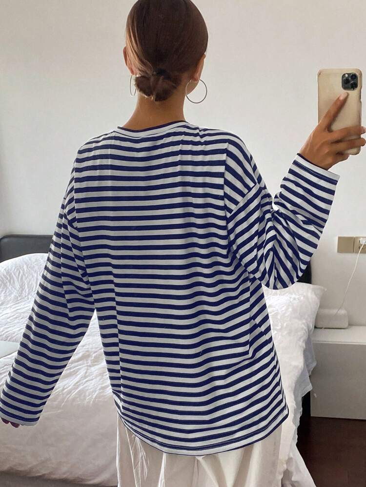 Women Loose Solid Round Neck Long Sleeve Long T-Shirt,Fall Clothes Preppy Tops