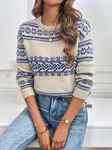 Chiquease 女式圆领长袖图案细节休闲套头毛衣 - 彩色 - 查看 1